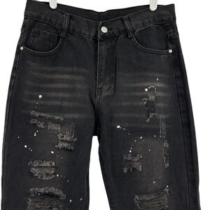 Fashion Jeans Women's Distressed Splatter Raw Hem Black Jeans Size M (29x29)